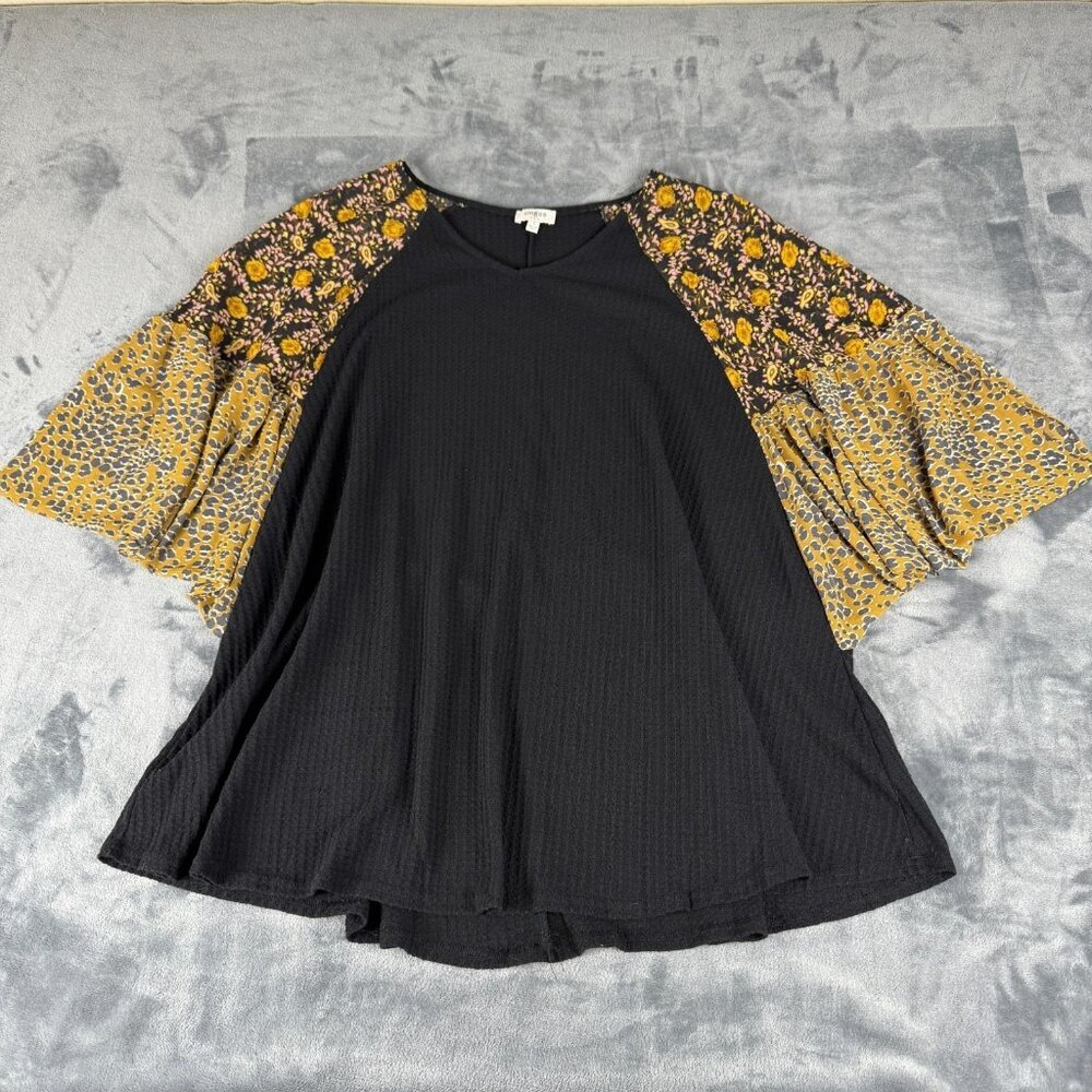 Umgee Women's Small Mini Dress Black Waffle Knit Patch Work Blend Boho Trendy V